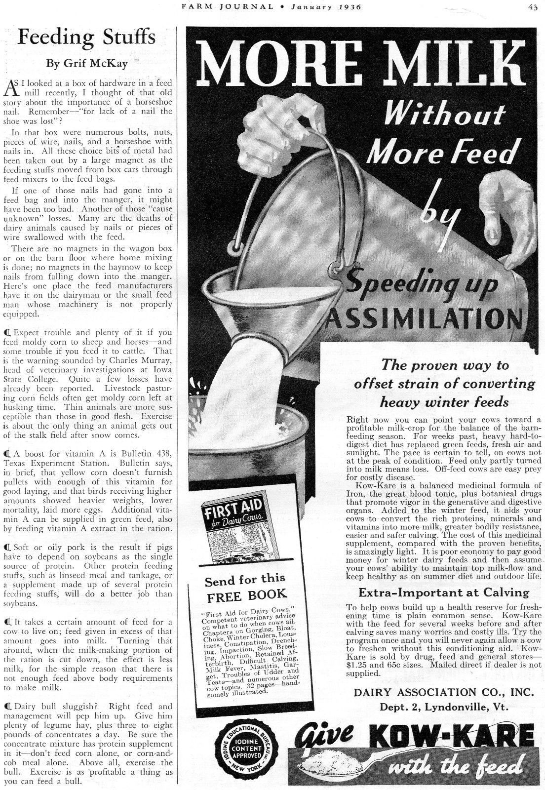 1936 Print Ad of Kow Kare Dairy Cow Feed More Milk Without More Feed