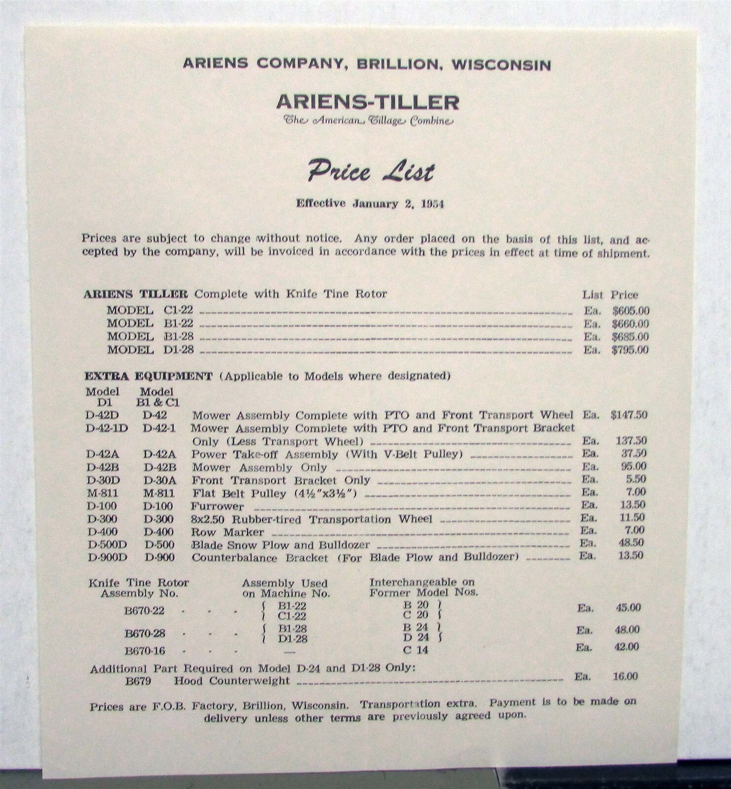 1954 Ariens-Tiller Model C1-22 B1-22 Pricelist Assembly No. Specs Data Sheet