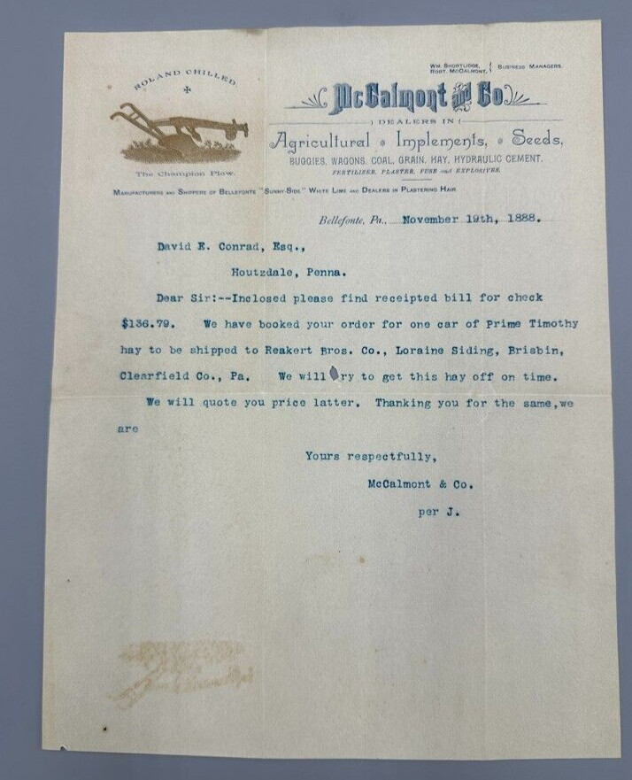 1888 ROLAND CHAMPION PLOW Bellefont PA McCalmont Antique Farm Advertising Letter