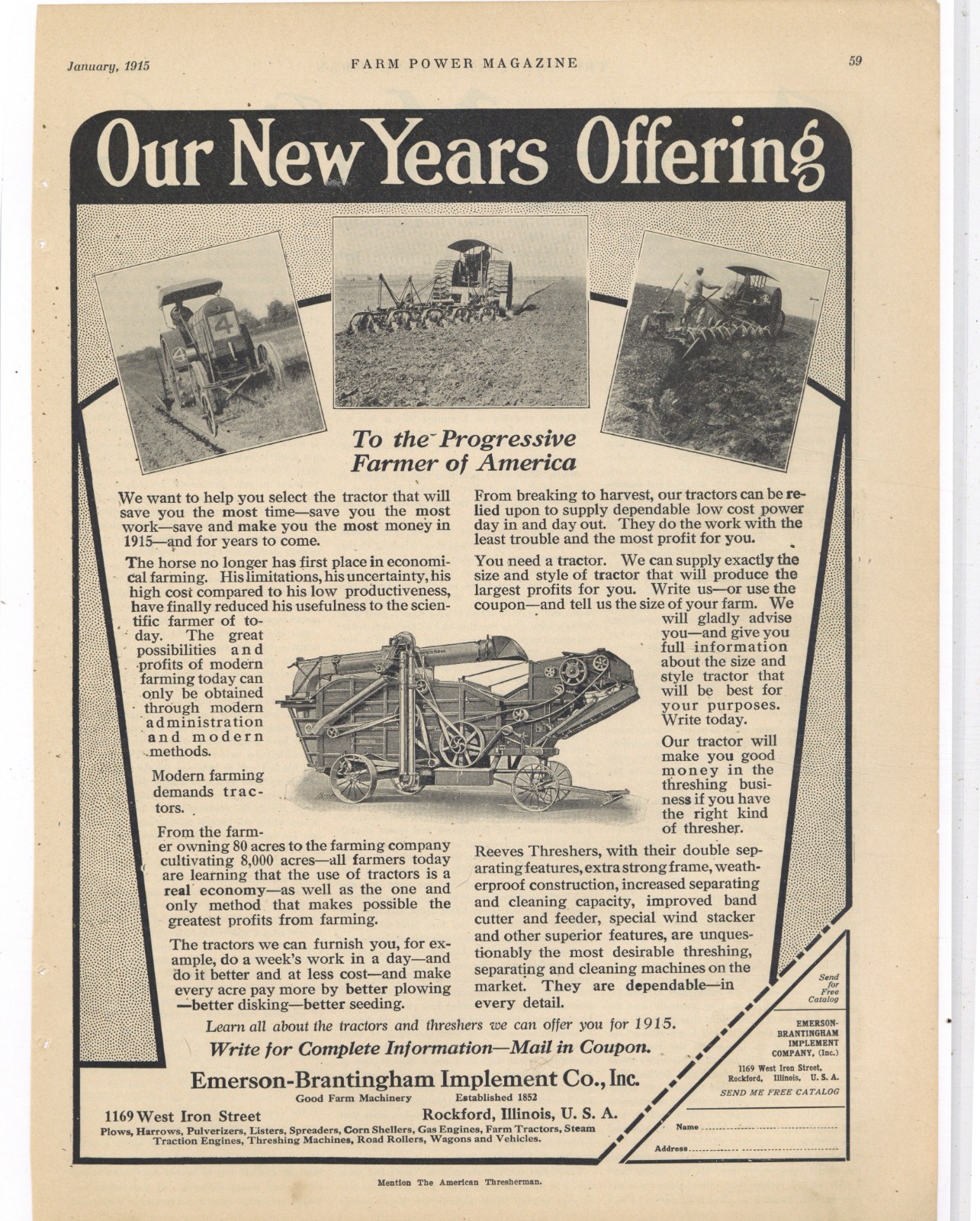 1915 Emerson Brantingham Implement Co. of Rockford Illinois Ad: Reeves Threshers