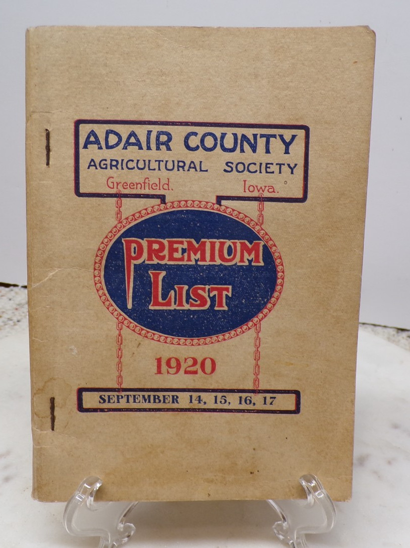 1920 Adair County Ag Society Premium List Book Greenfield Iowa FAMILY INSIDE?