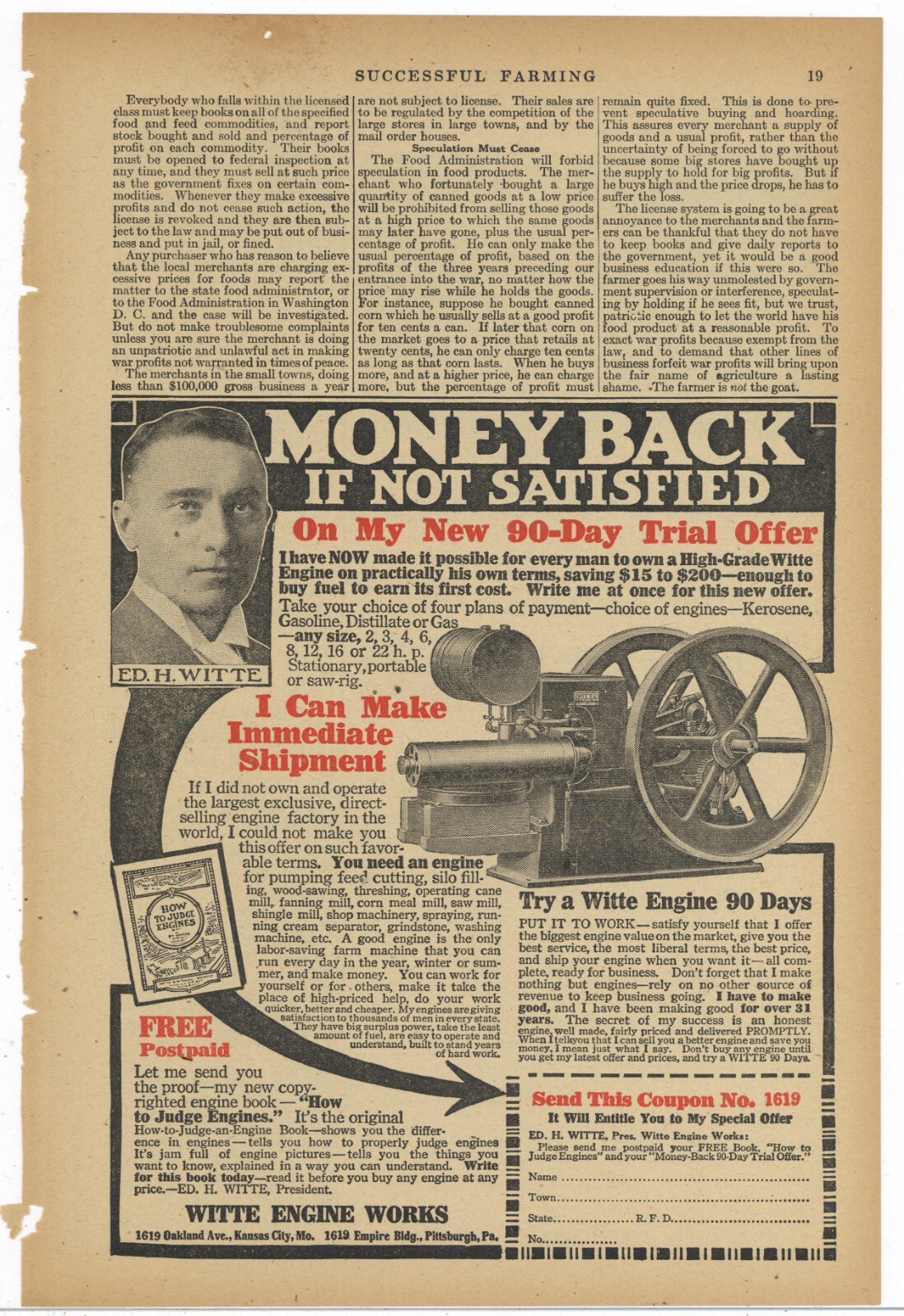 1917 Witte Engine Works Ad: Kerosene, Gasoline, Distillate or Gas – Kansas City