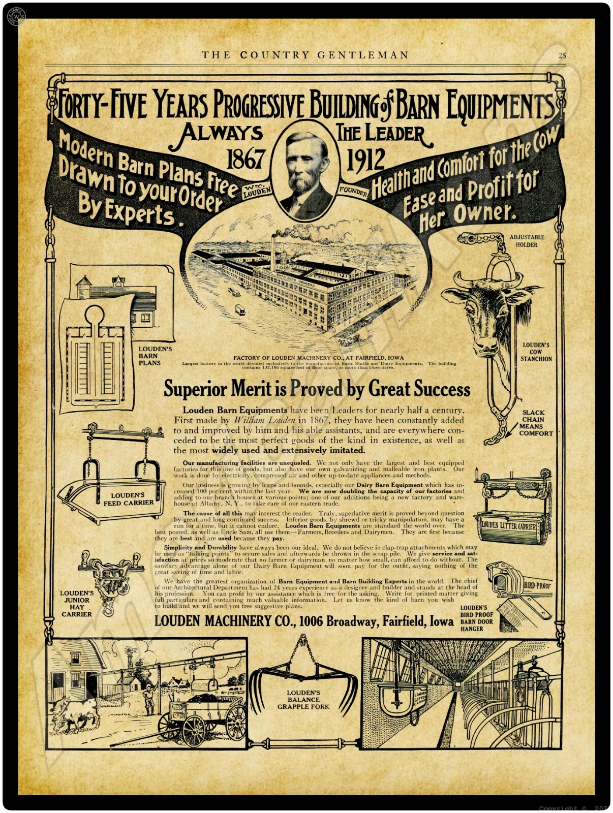 1912 Louden Machinery Co New Metal Sign: Hay Tools & Barn Eqpt., Fairfield, Iowa