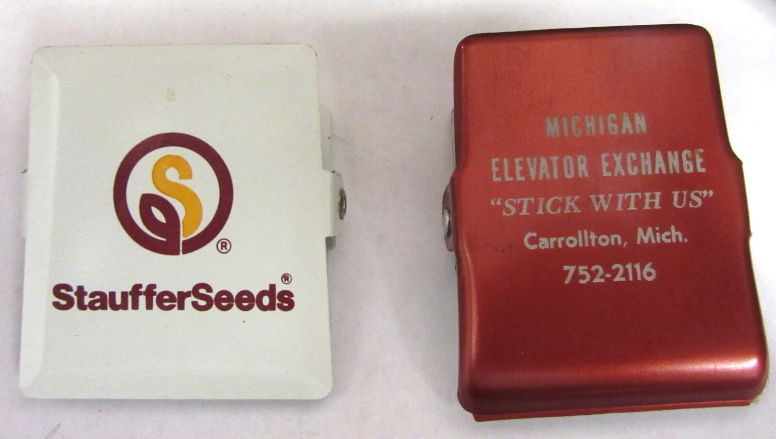 2 Advertising Metal Magnet Paper Clips : STAUFFER SEEDS, Michigan ELEVATOR Exc