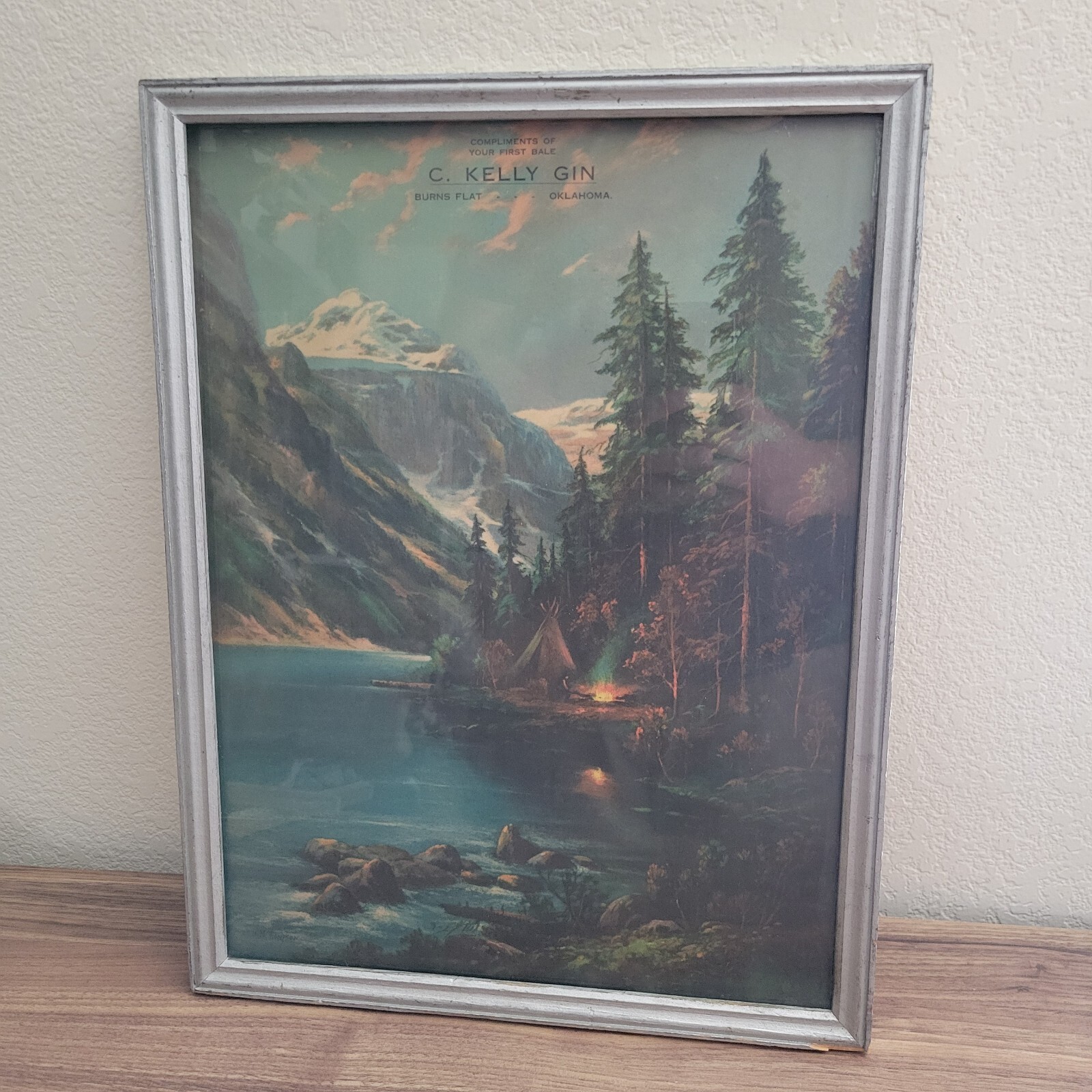 Antique Framed Advertisement C Kelly Gin Burns Flat Oklahoma Litho Wm Thompson