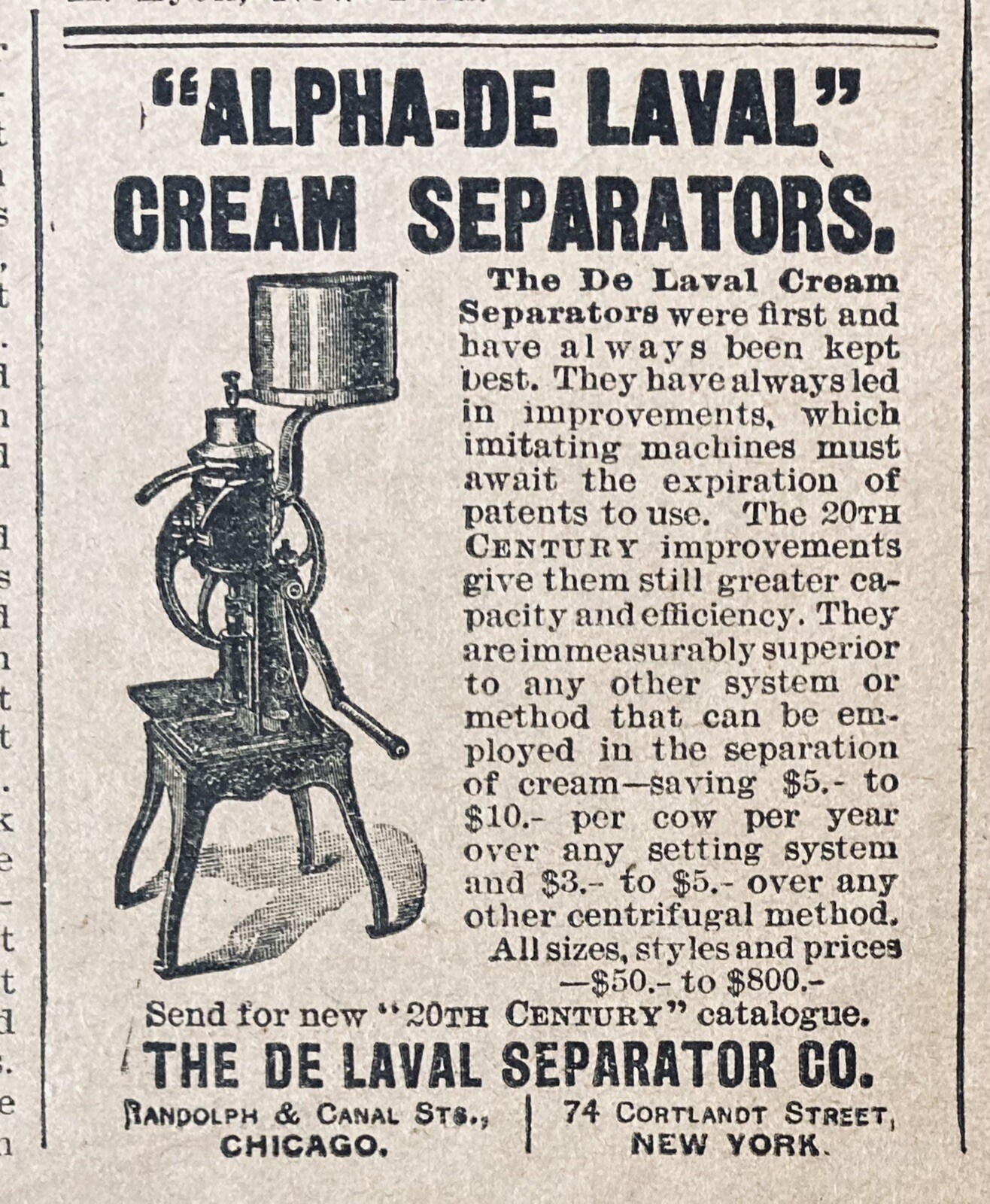 1901 AD.(XH11)~DE LAVAL SEPARATOR CO. CHICAGO. “ALPHA-DE LAVAL” CREAM SEPARATORS