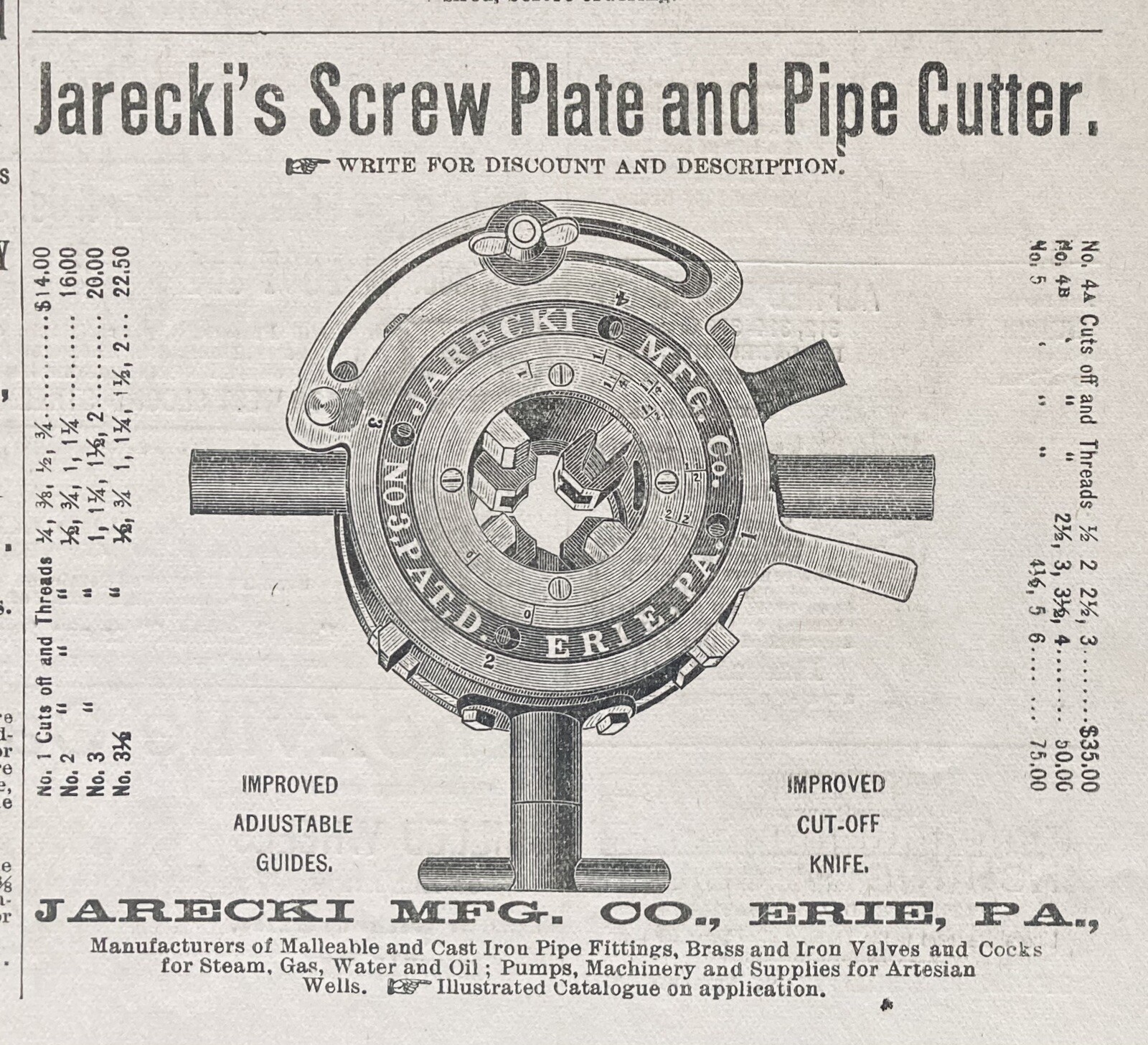 1888 AD.(XH7)~JARECKI MFG. CO. ERIE, PA. JARECKI’S SCREW PLATE AND PIPE CUTTER