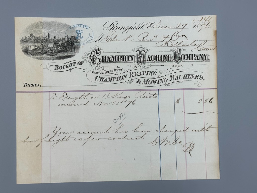 1874 CHAMPION Machinery FARM Promissory Note SPRINGFIELD OH Antique Advertising