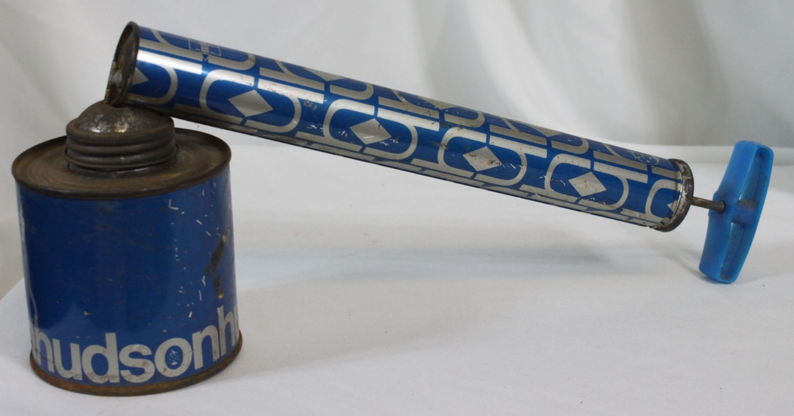 Vtg Hudson Sprayer Duster Metal Hand Pump Canister Blue Silver Retro Farming