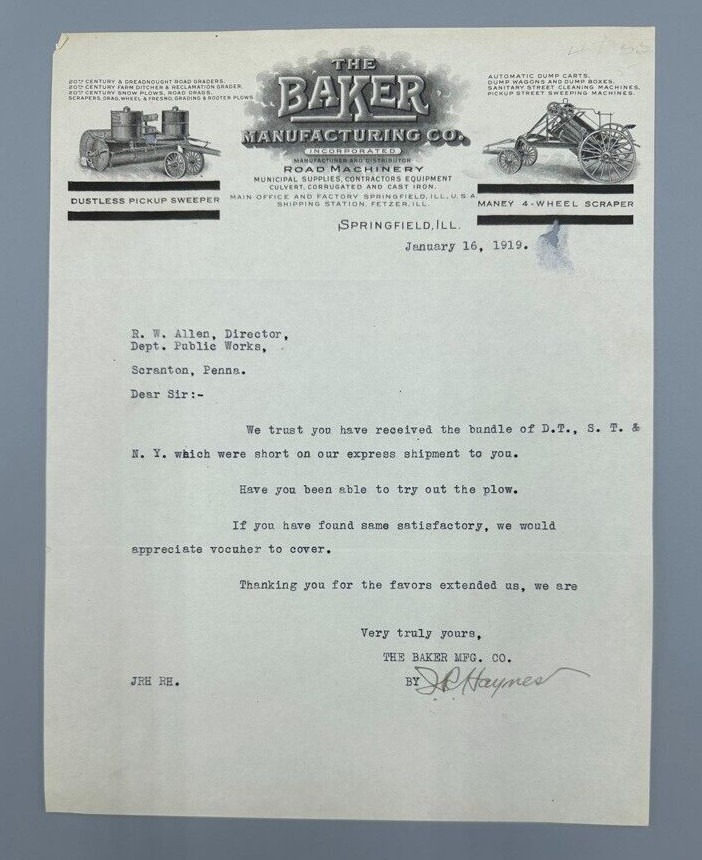 1919 BAKER ROAD MACHINERY Scraper Antique Advertising SPRINGFIELD IL Letter