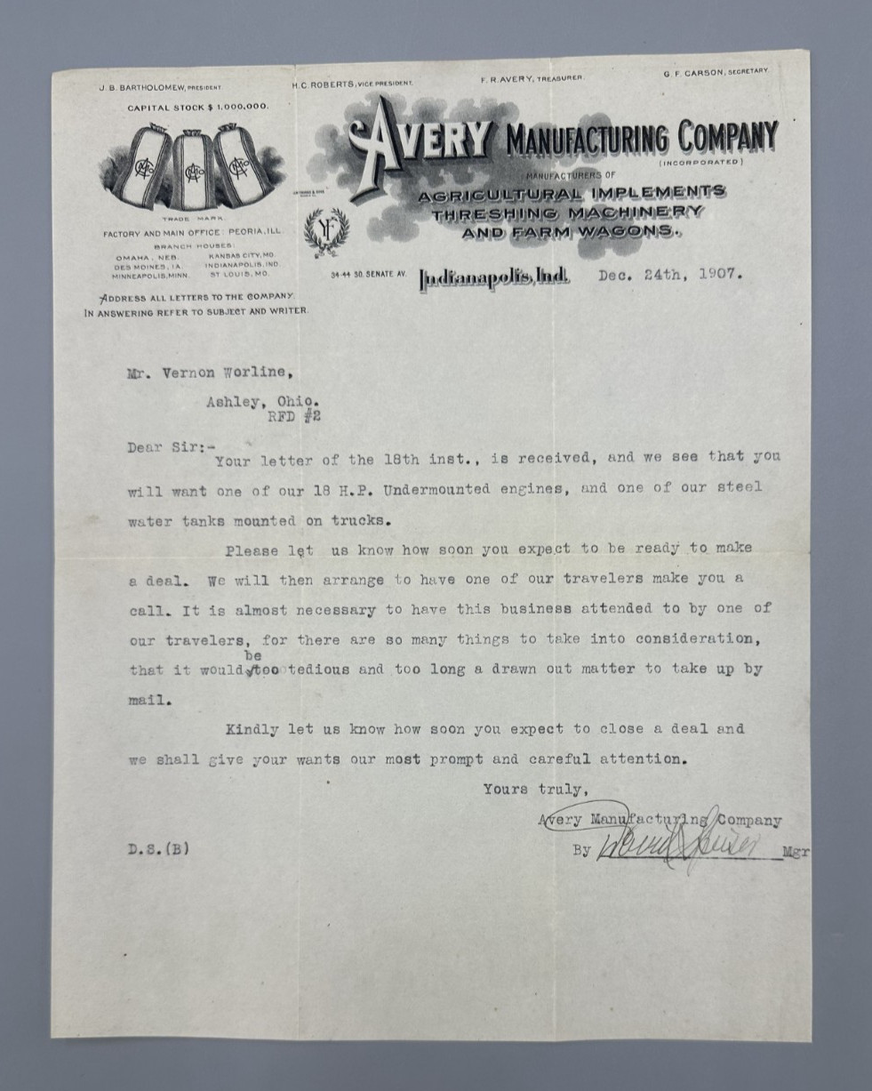 1907 AVERY Manufacturing Letter FARM Advertising INDIANAPOLIS Threshing WAGONS