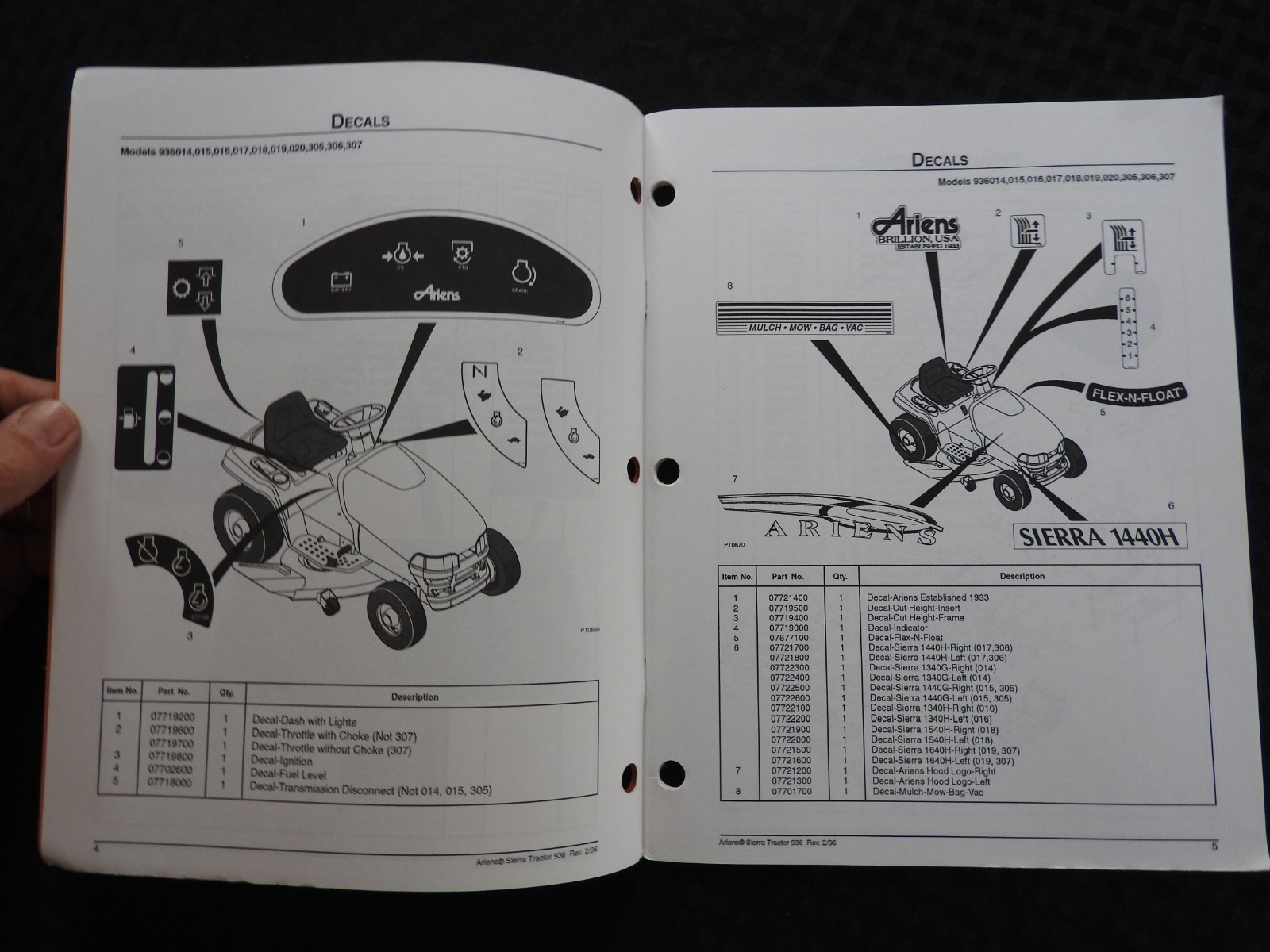 GENUINE ARIENS SIERRA 936 SERIES LAWN TRACTOR PARTS CATALOG MANUAL MINTY 1996