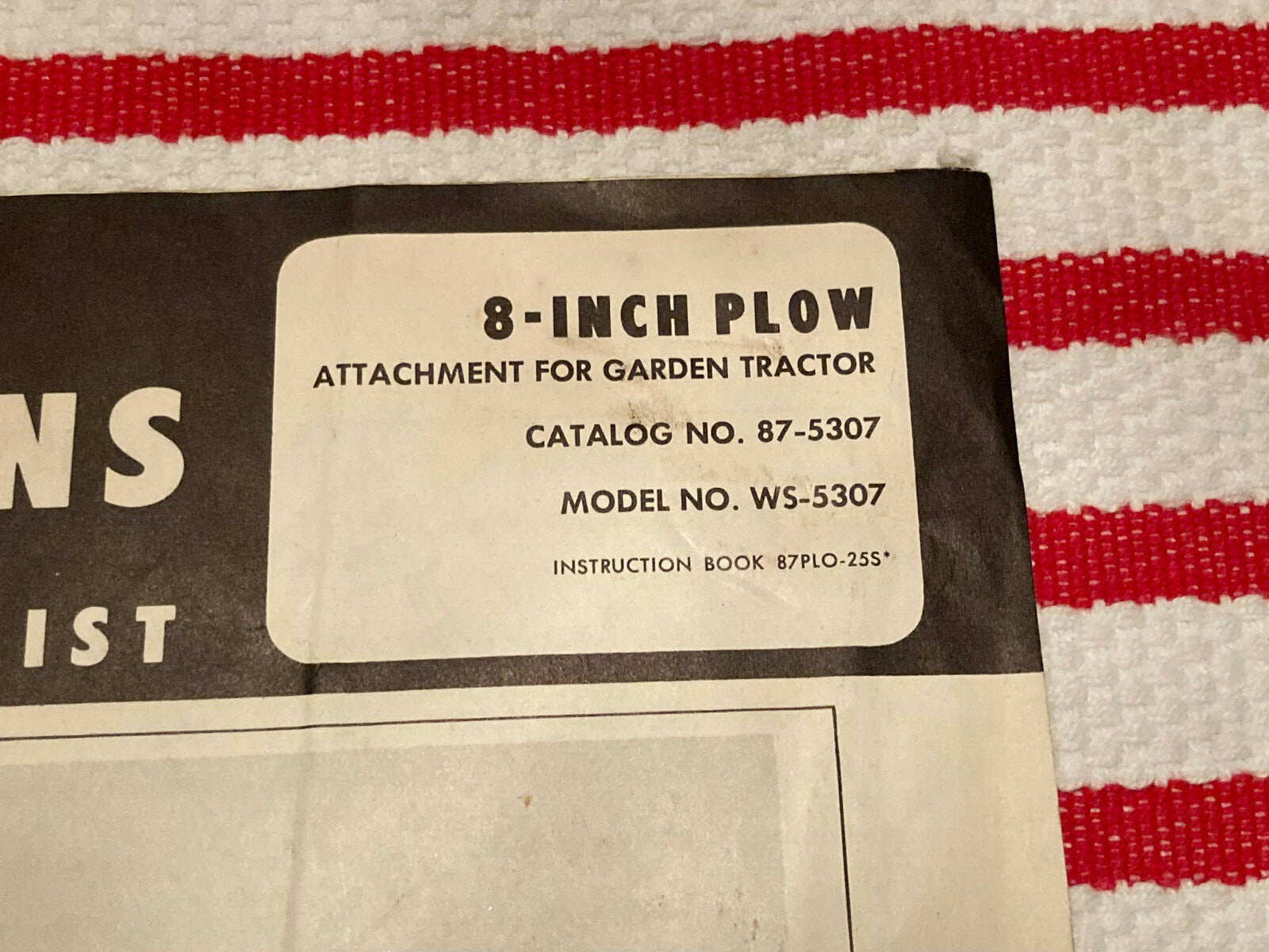 Montgomery Ward 8-INCH PLOW WS-5307 Instructions 87-5307 Parts List 4p Manual