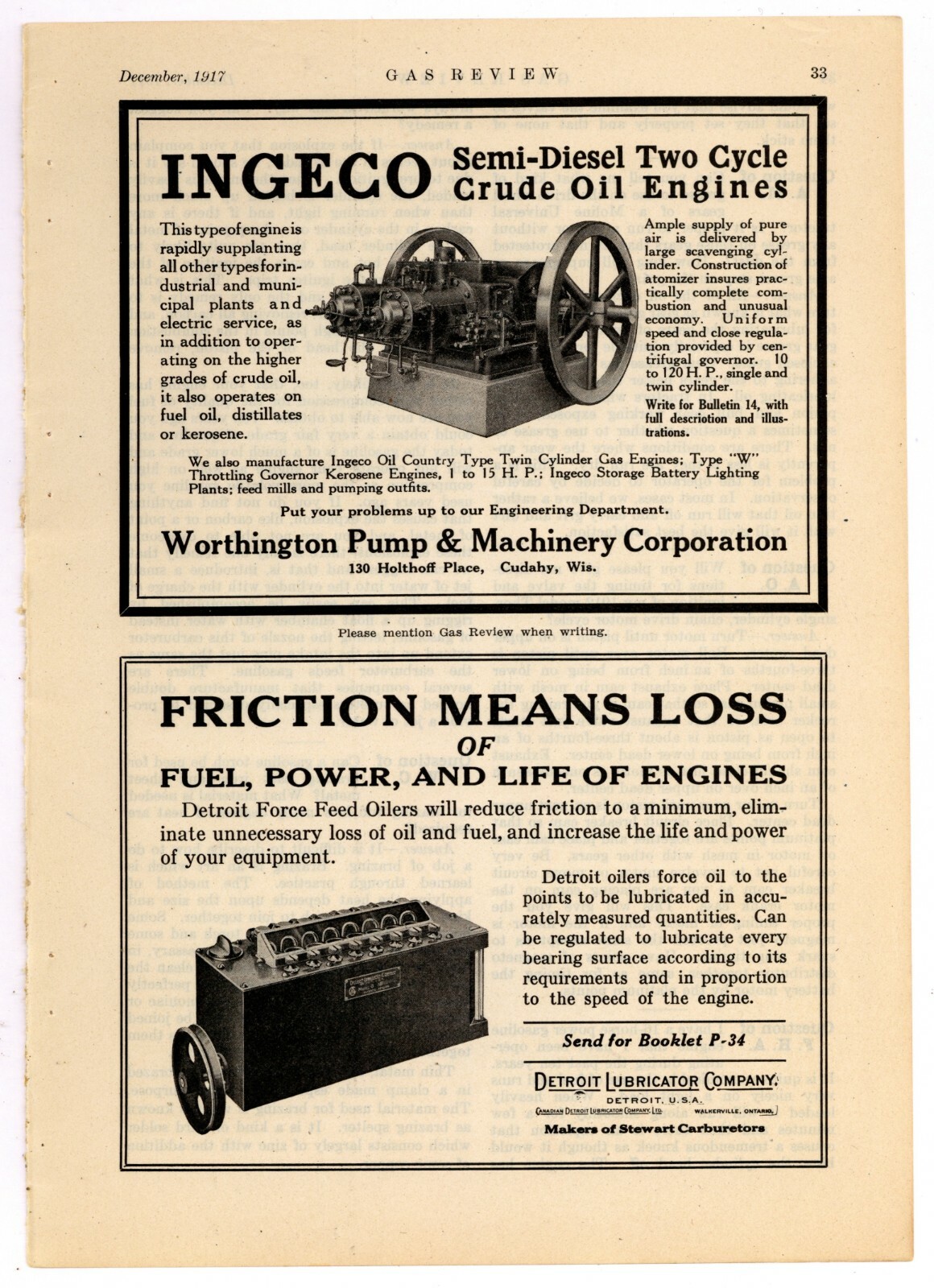 1917 INGECO International Gas Engine Co. Ad: Diesel Oil Engines – Cudahy, WI