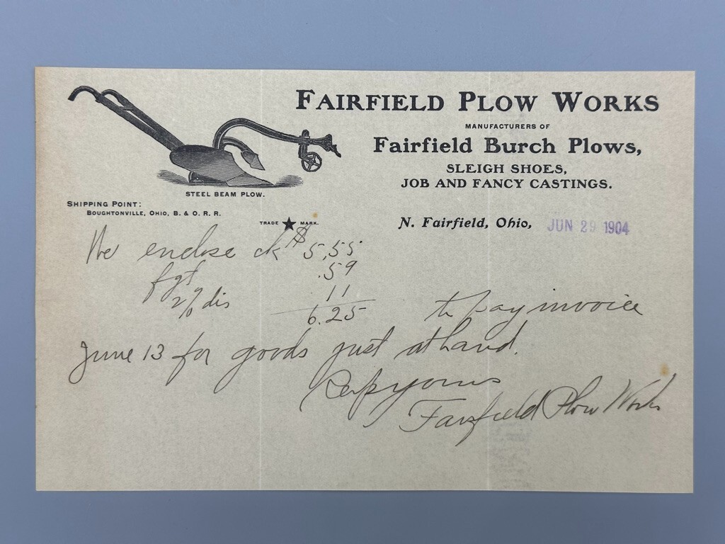 1904 FAIRFIELD BURCH PLOW Works FARM Advertising Antique Letter OHIO Sleigh Shoe