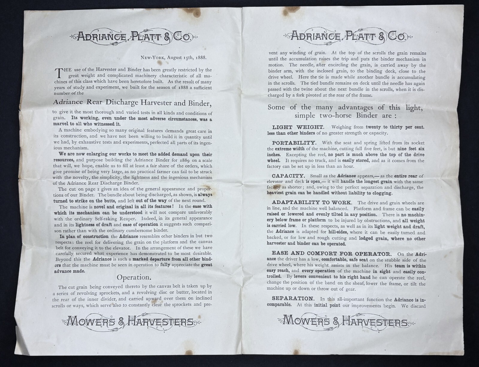 RARE Catalog Farm Flyer – Adriance Platt Co Mowers Harvesters Binders 1888 NY