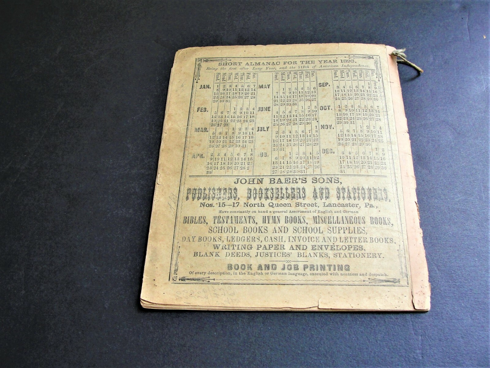 Agricultural Almanac John Baer&rsquo;s Sons Lancaster PA Pennsylvania 1893 VOL. 68.
