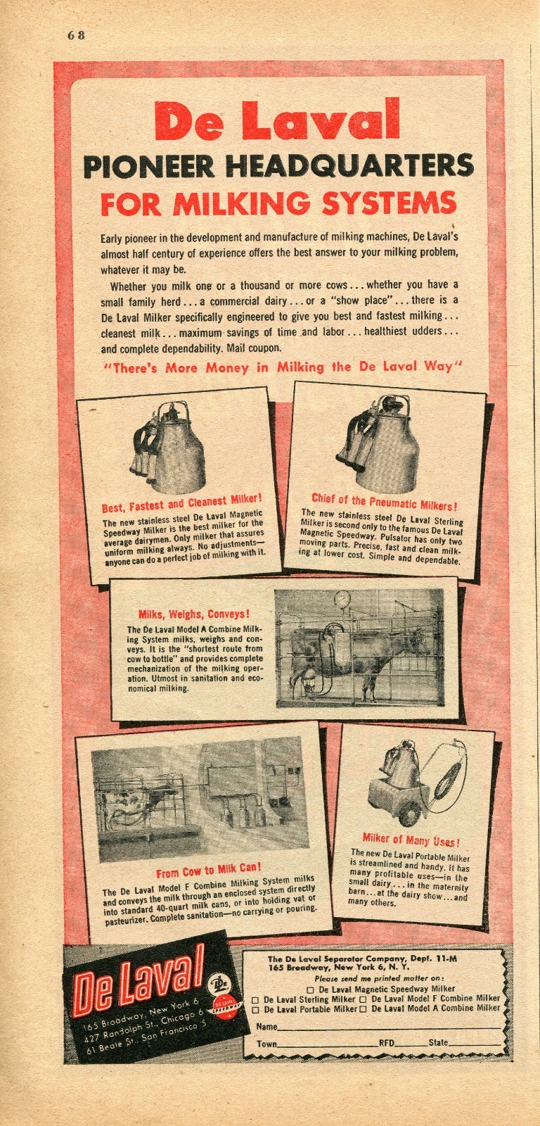 1948 Print Ad of De Laval Separator Co Model A & F Combine & Sterling Milker