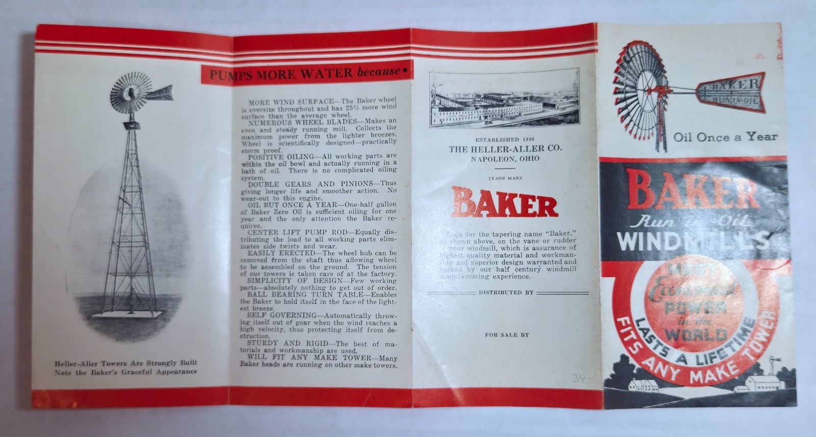 1920s Baker Run in Oil Windmills brochure ad, farm history, Napoleon, Ohio
