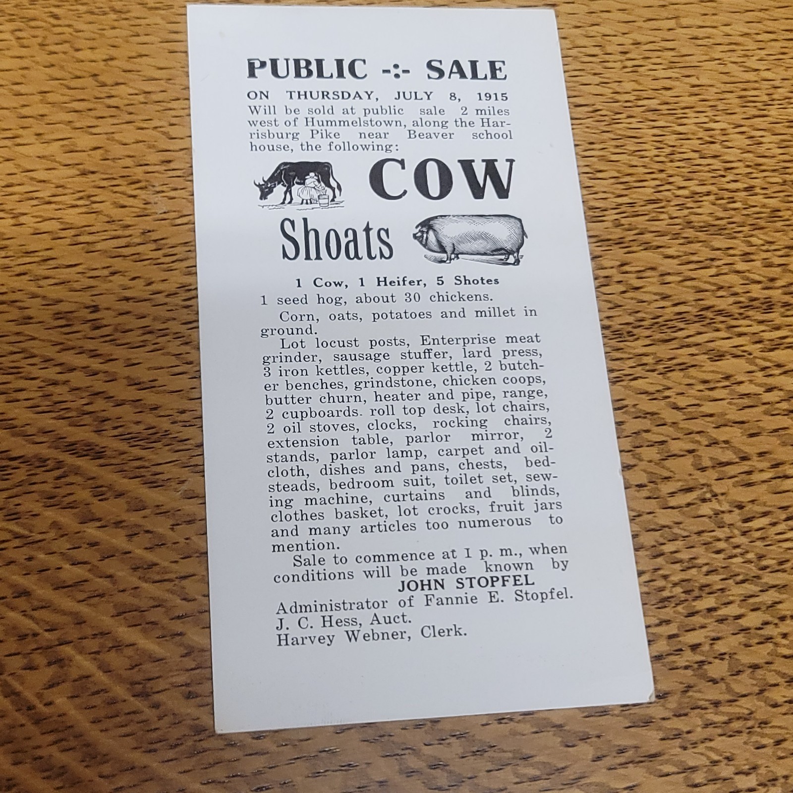 Public Sale Card July 8 1915 Cow Shoats John Stopfel Hess Auction Hummelstown