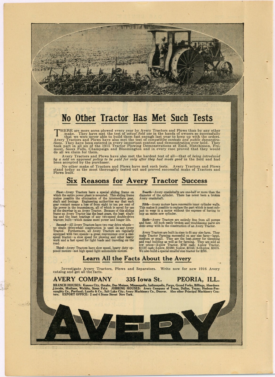 1916 Avery Co. Ad: Reasons for Avery Tractor Success – Peoria, Illinois