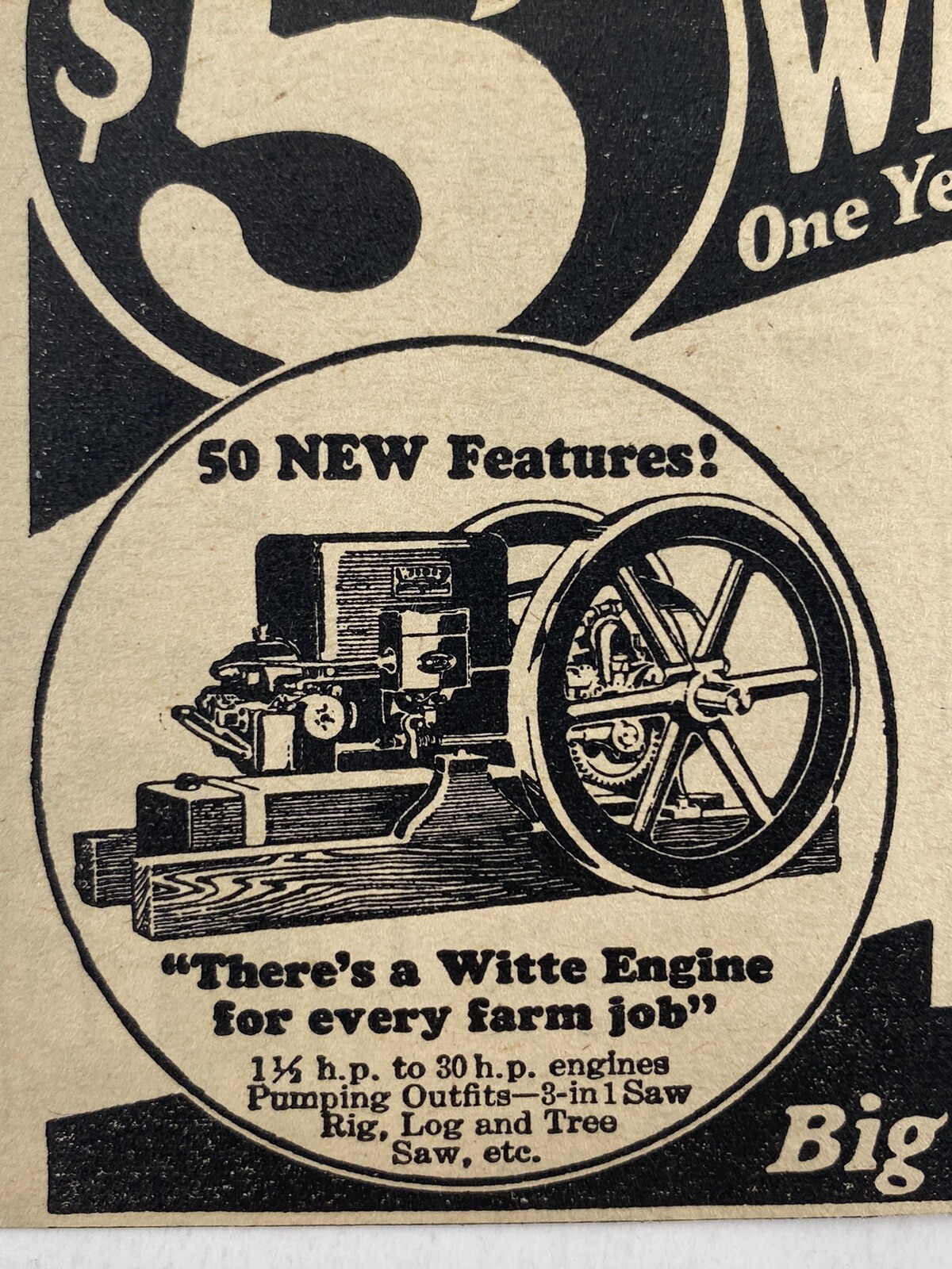 1927 Witte Engine Works $5 Vintage Magazine Print Ad Old 20’s Farm Job Equipment