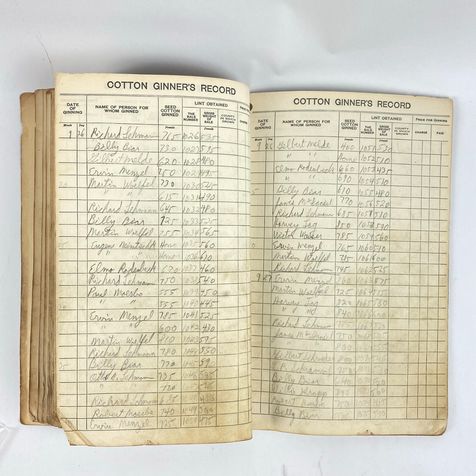 1950&rsquo;s Dept of Commerce Cotton Ginner&rsquo;s Record Book Filled Out Vintage