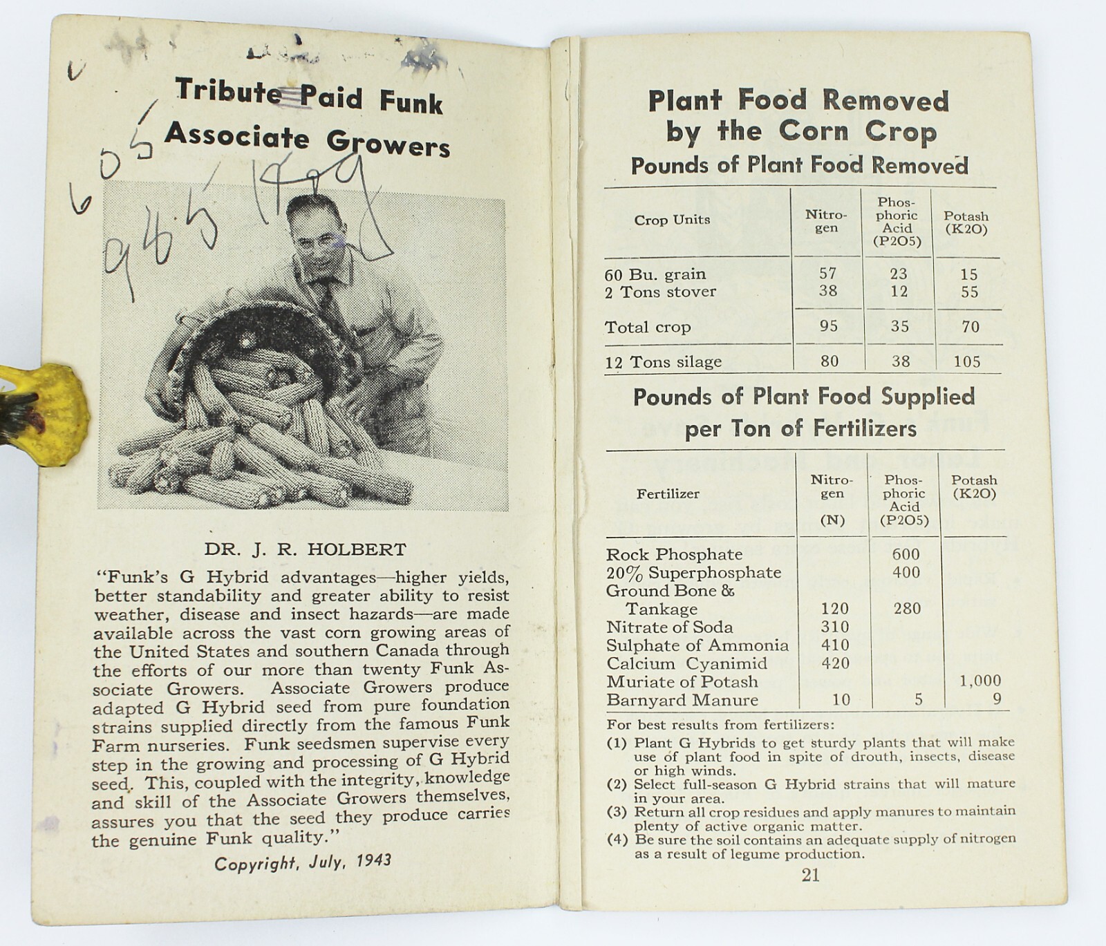 Vintage 1943 FUNK&rsquo;S HYBRID Columbiana&rsquo;s Corn Data Notebook