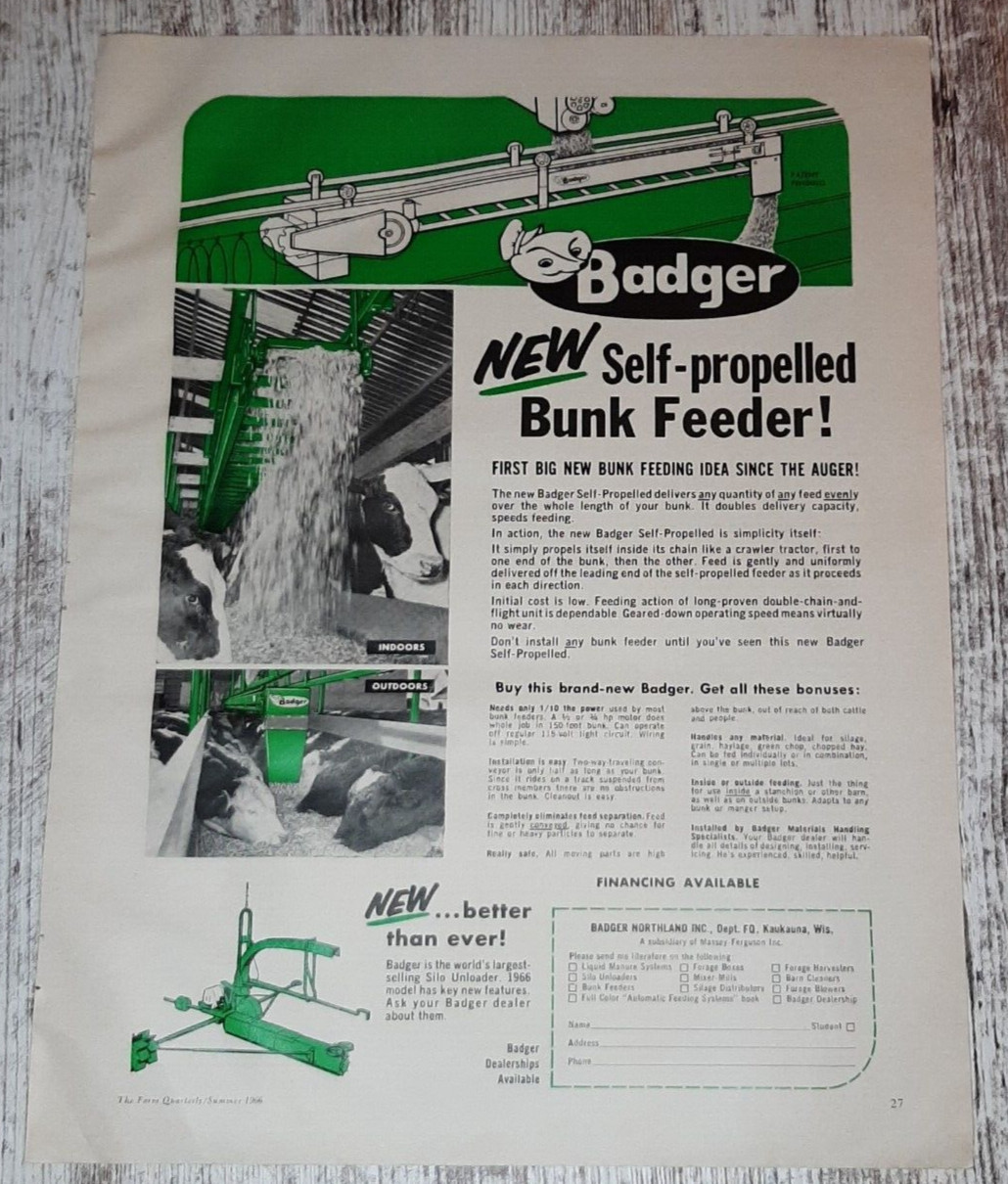 1966 Badger Vintage Print Ad Self Propelled Bunk Feeder Cattle Farm Kaukauna WI