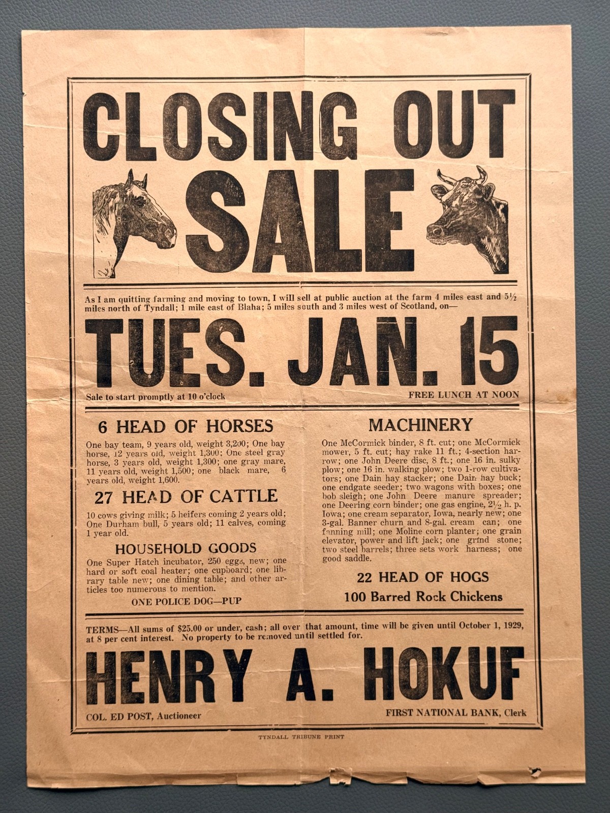 Vintage 1920&rsquo;s TYNDALL South Dakota Farm Live Stock Auction Bill Sale Poster