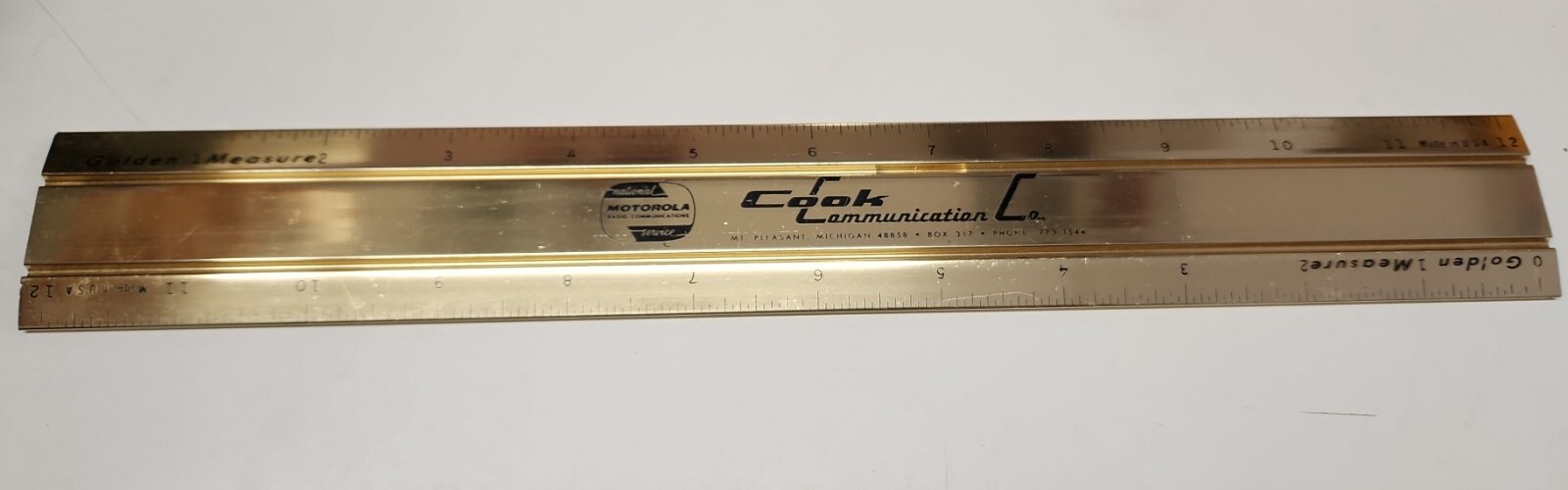 Vintage Metal Golden Measure Ruler Mt Pleasant Michigan Cook Communion Motorola