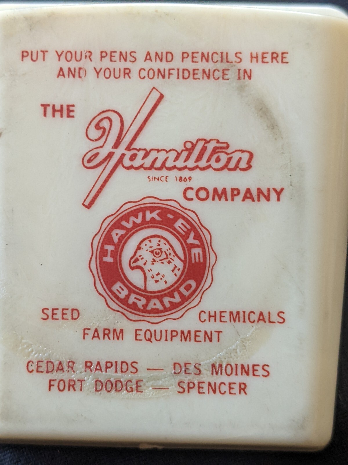 Hawk eye farm equipment dealer advertising pen holder cedar rapids, Des Moines