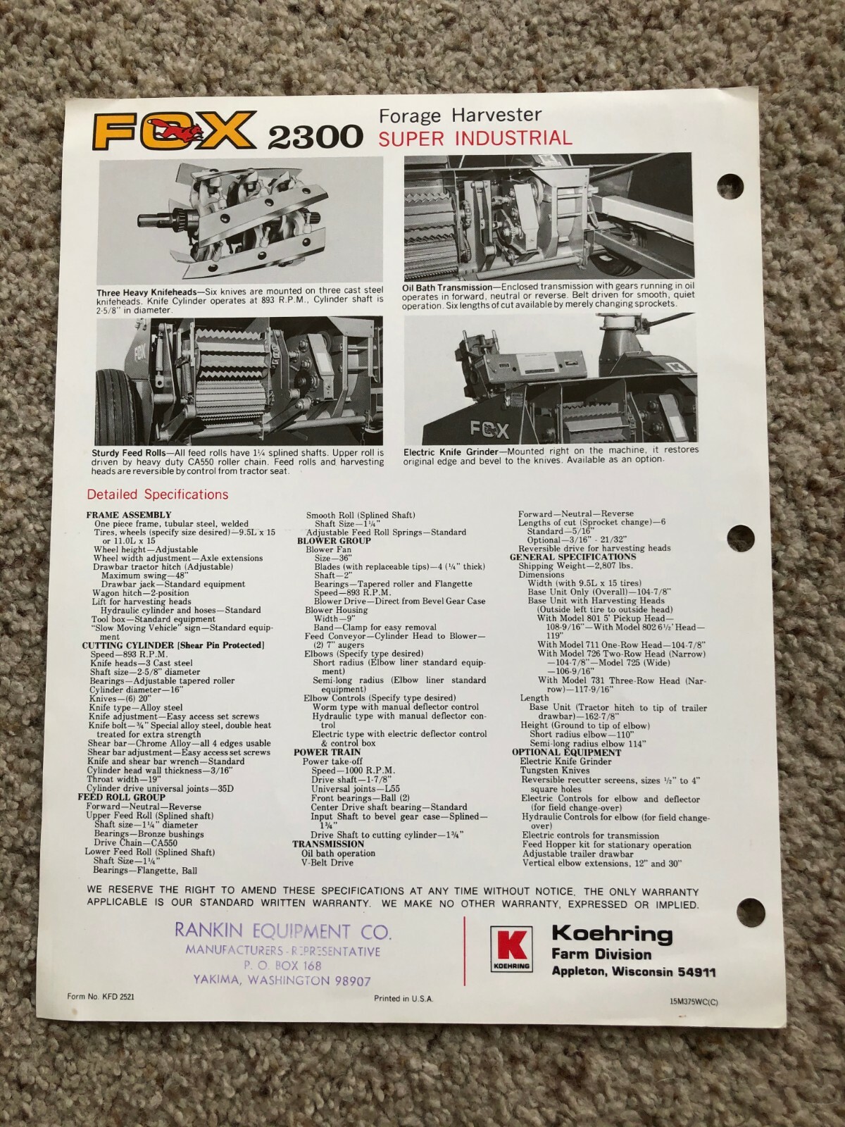 1975 Koehring Farm Division Fox 2300 Forage Harvester sales sheet.