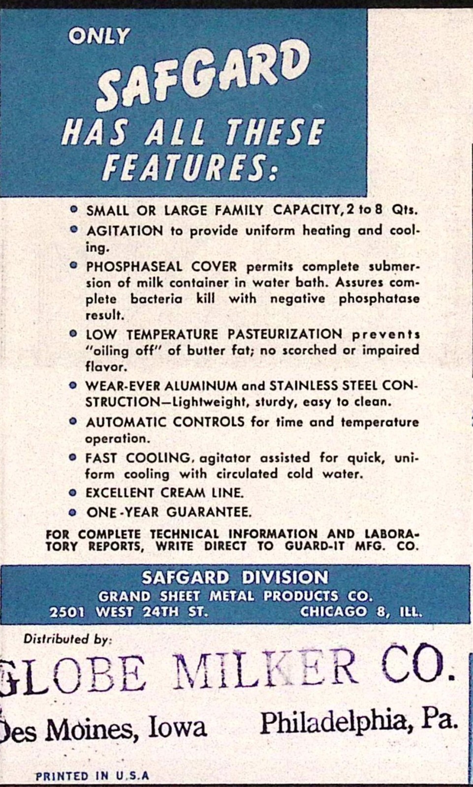 Safguard Home Mils & Cream Pasteurizer Model P-2000 Brochure Globe Milker Co
