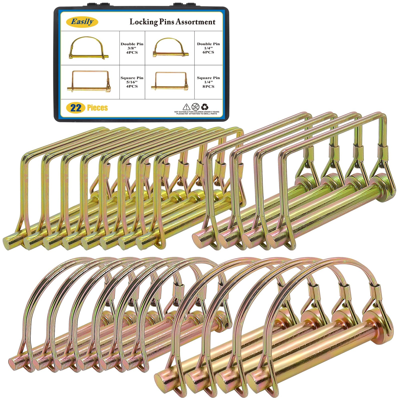 22 PCS Gold Shaft Locking Pin Assortment 1/4&Prime; 5/16&Prime; 3/8&Prime; Hitch Pin