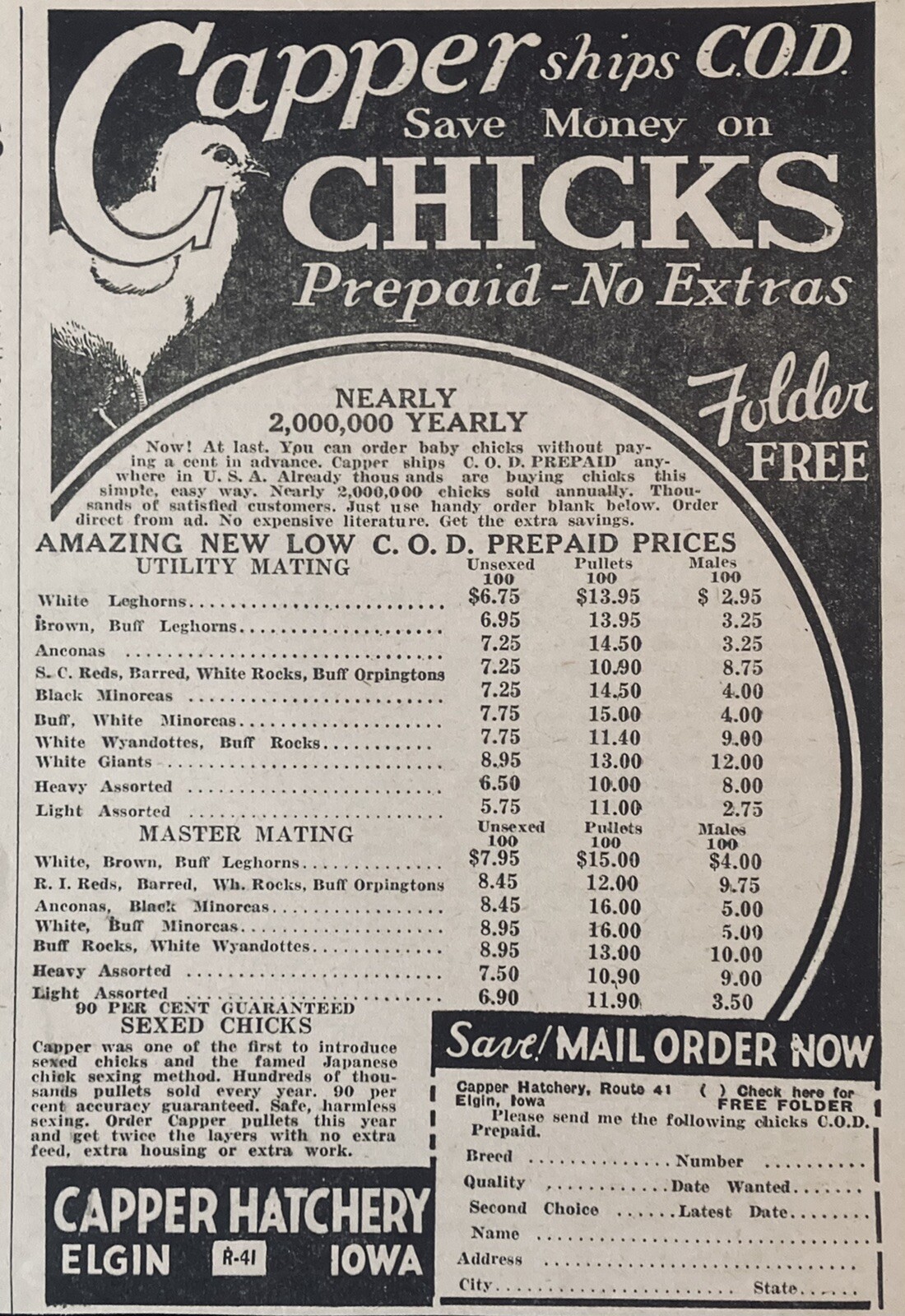 1938 AD.(XH15)~CAPPER HATCHERY RT.41 ELGIN, IOWA. BABY CHICKS SHIPPING