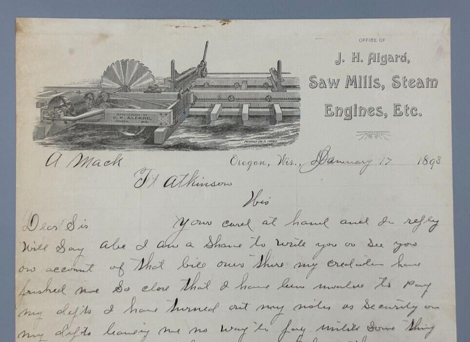1893 JH Algard SAW MILL Engines Antique FARM Advertising Letter OREGON WISCONSIN