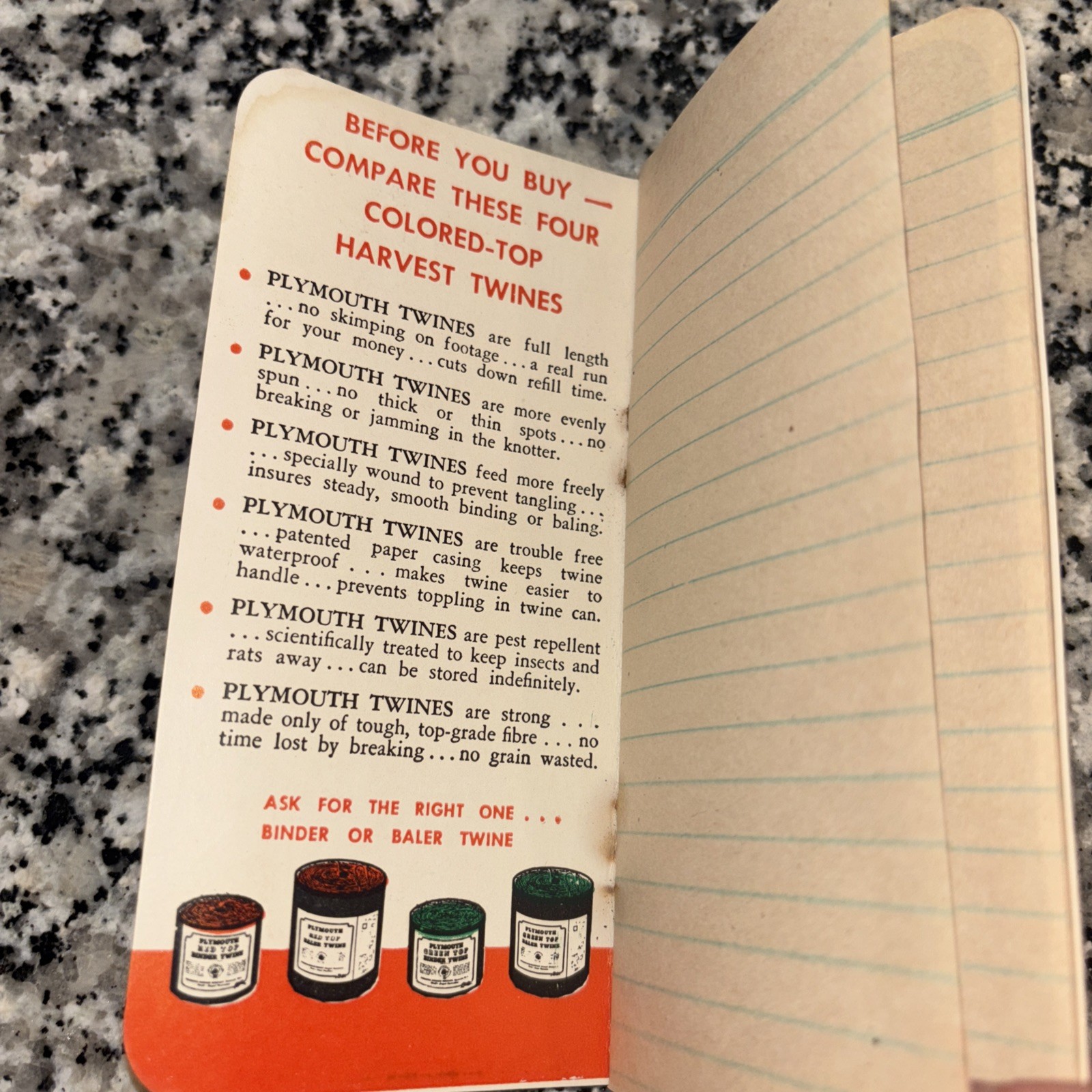 1952 Your Plymouth Harvest Twines Pocket Reminder Notebook