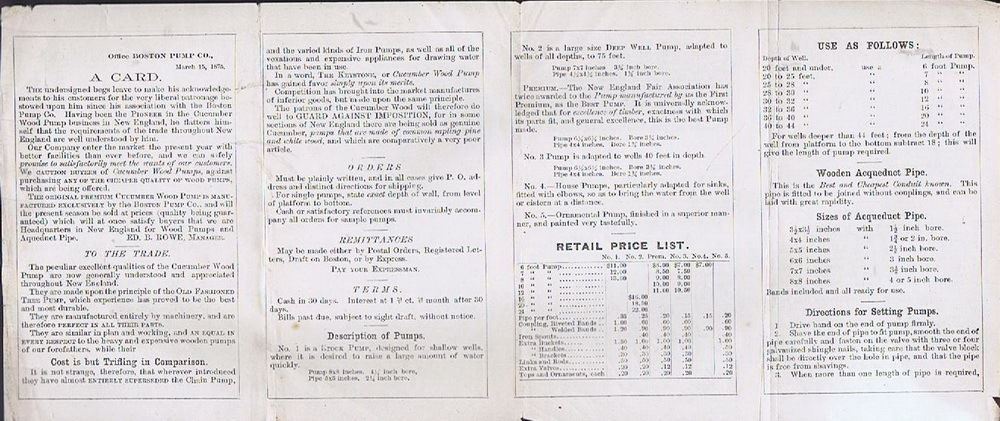 Keystone or Cucumber Wood Pump, Boston Pump Company, 1875 leaflet
