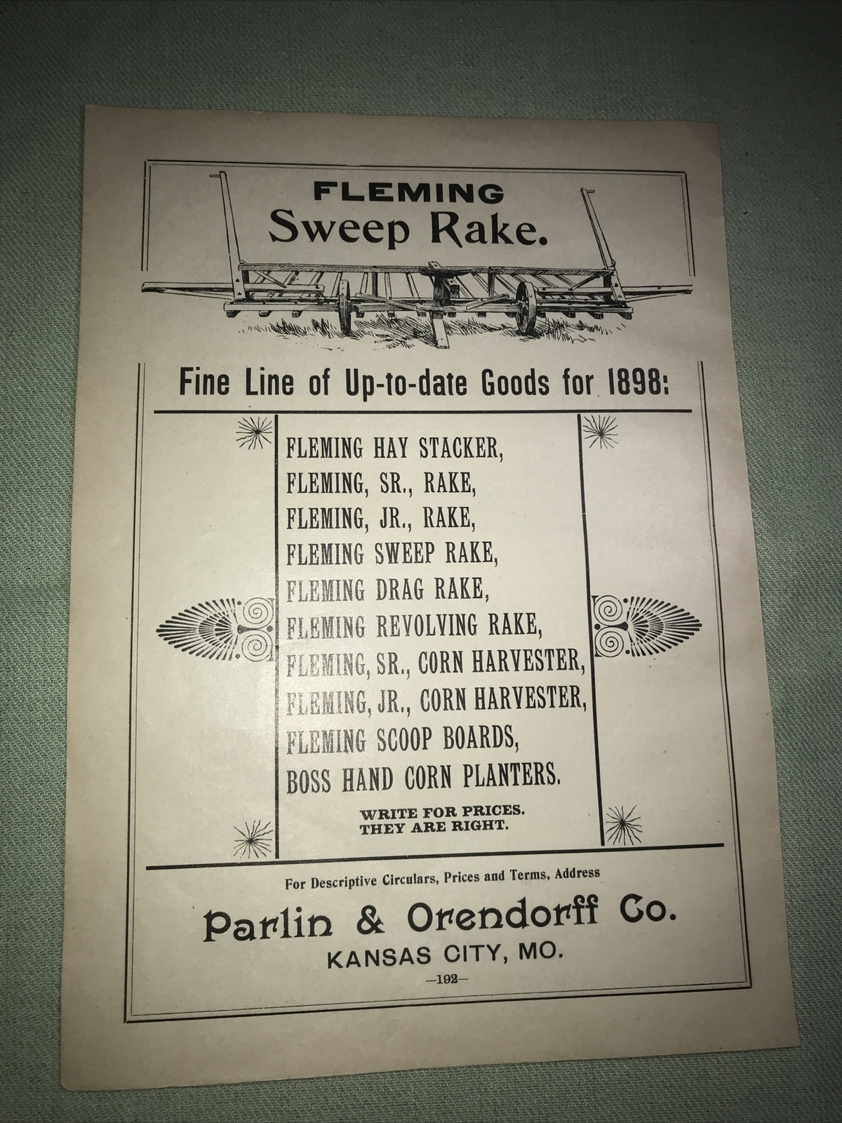 1898 Fleming Sweep Rake Farm Advertising – Kansas City – Missouri