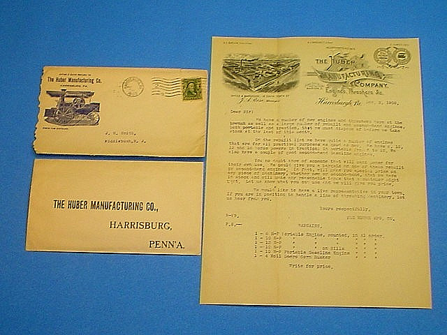ANTIQUE 1908 HUBER MFG CO. TRACTORS THRESHERS LETTERHEAD LETTER W/COVER & REPLY