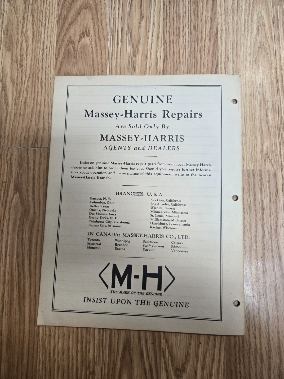 1946 Massey-Harris No. 52A 2 Row Cultivator For Tractors Repair Parts List