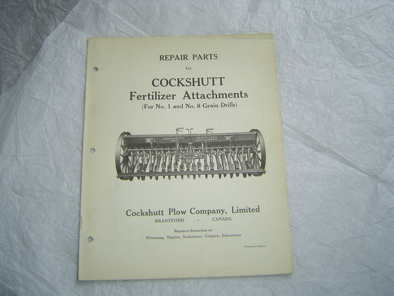 Cockshutt NO 1 8 fertilizer attachments repair parts catalog manual book