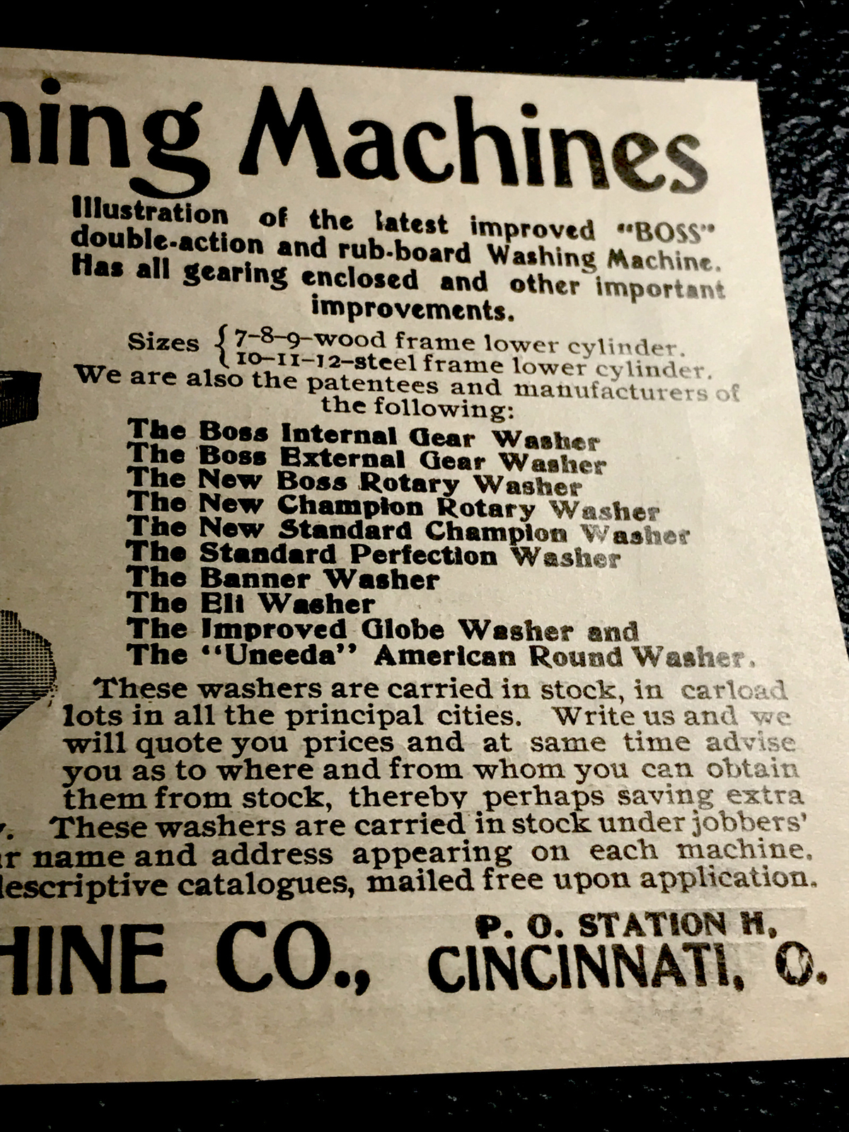 1902 Boss Washing Machine Farm Engraving Advertising – Cincinnati – Ohio