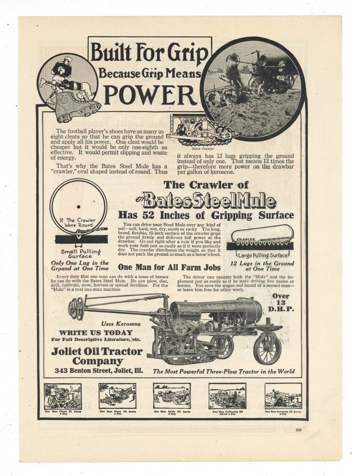 1917 Joliet Oil Tractor Co. Ad: Bates Steel Mule Kerosene Tractor, Joliet IL