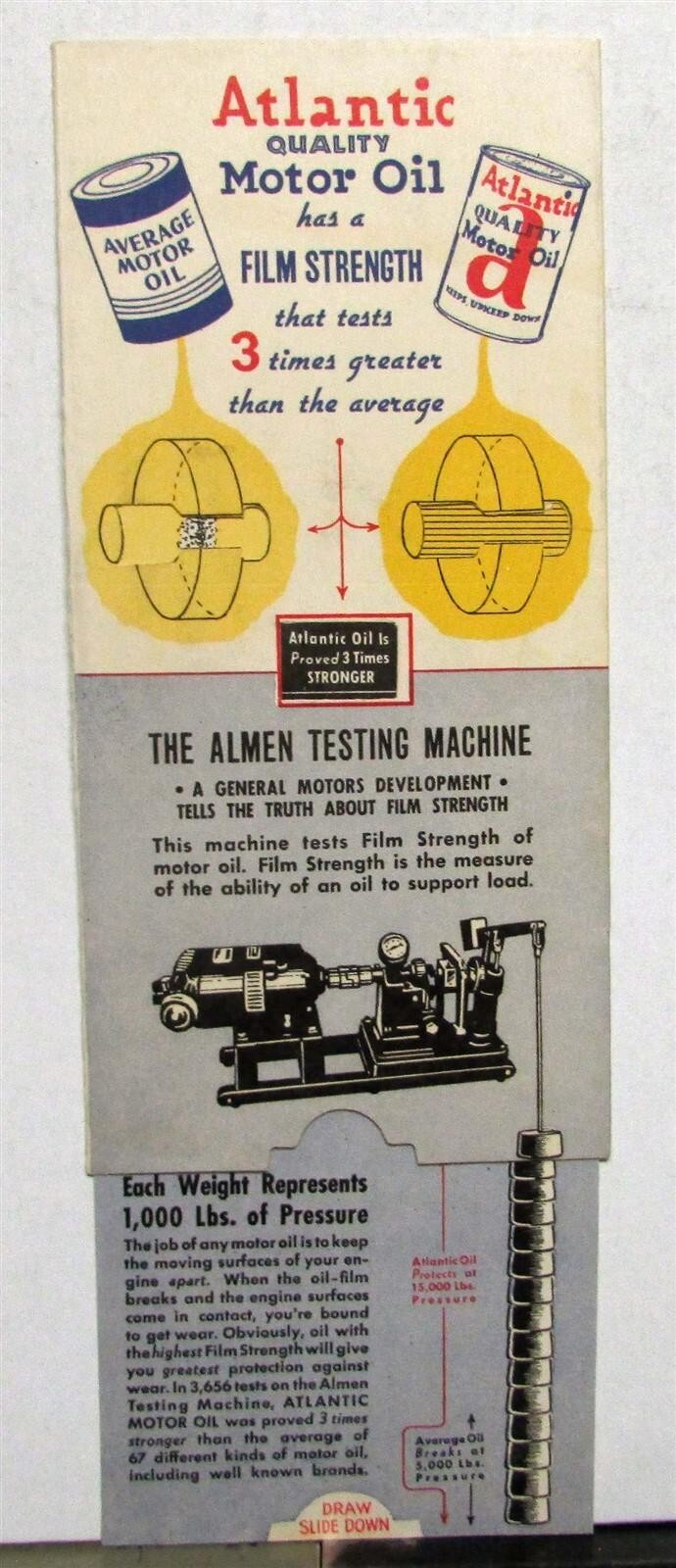 1950s Atlantic Motor Oil Almen Testing Machine W/ Slider Film Strength Brochure