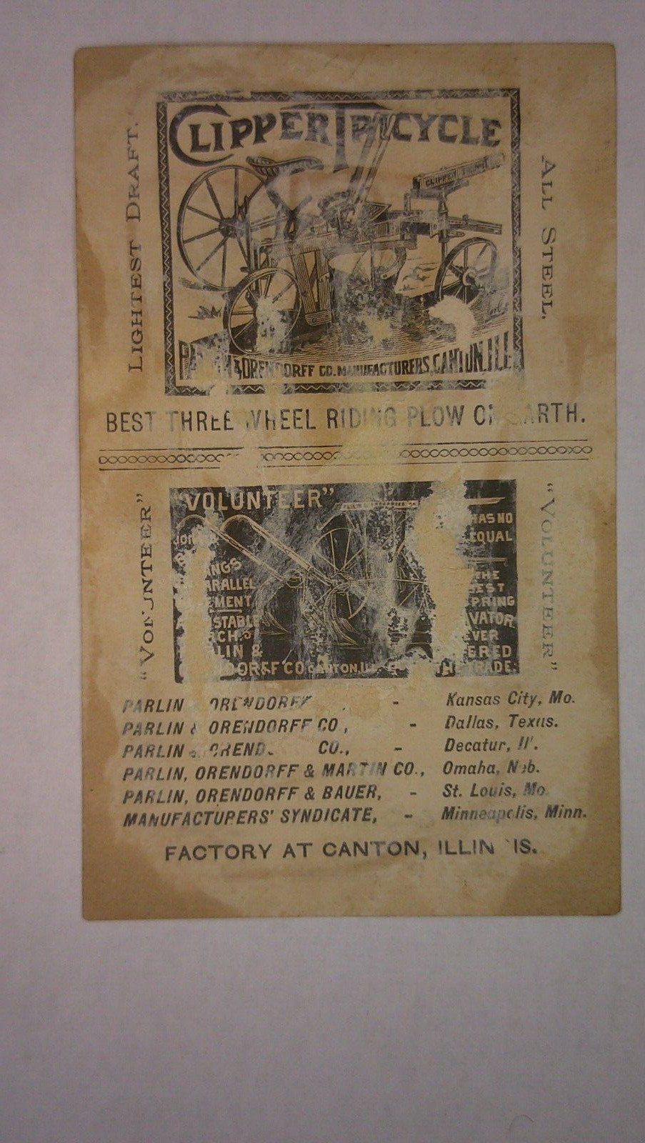 antique Trade Card P & O Plow Co. Canton, Ill. best clipper tricycle plow 6B