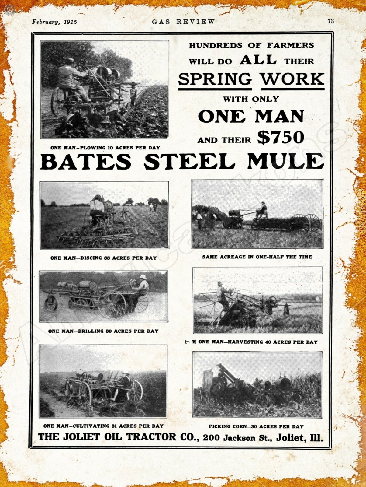 1915 Joliet Oil Tractor Co. Bates Steel Mule New Metal Sign: Joliet, Illinois