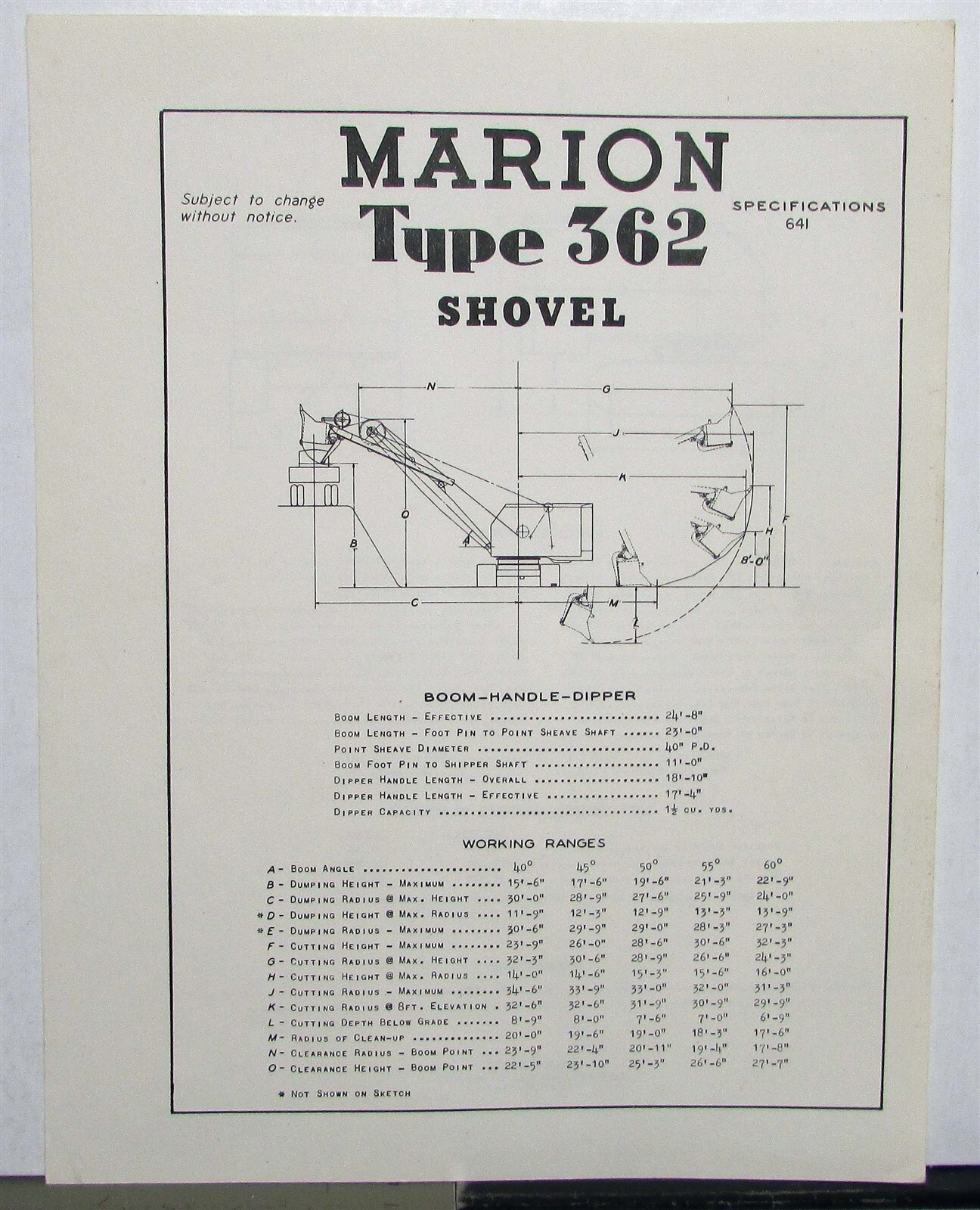 1947 Marion 362 Shovel Specifications Construction Sales Data Sheet