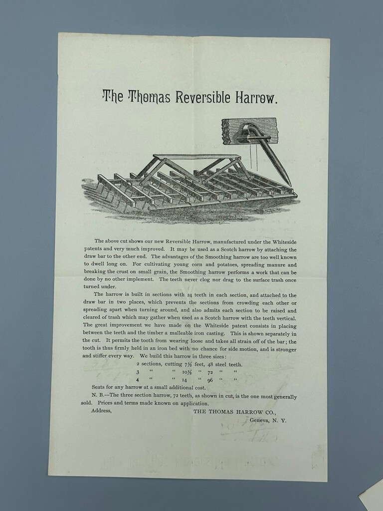 1885 THOMAS HARROW Circular FARM MACHINERY Antique Advertising GENEVA NY flyer